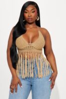 Vamos A La Playa Crochet Halter Top - Tan