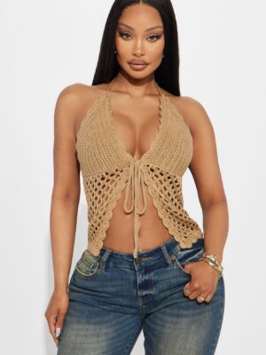Malibu Crochet Halter Top - Tan