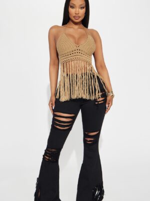 Vamos A La Playa Crochet Halter Top - Tan