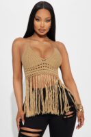 Vamos A La Playa Crochet Halter Top - Tan