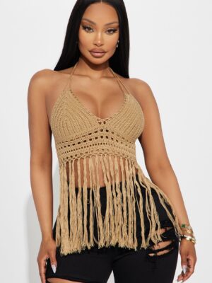 Vamos A La Playa Crochet Halter Top - Tan