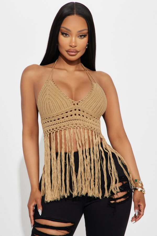 Vamos A La Playa Crochet Halter Top - Tan