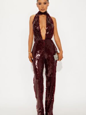 V-Neck Jumpsuit in Burgundy