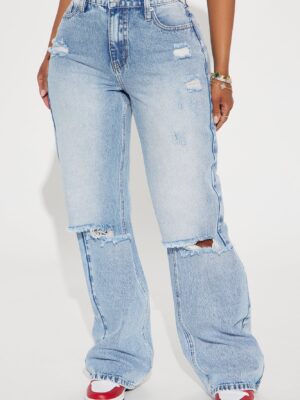 Wondering Why Ripped Straight Leg Jeans - Medium Wash