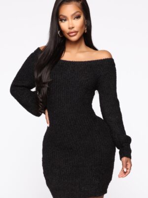 Bella Off Shoulder Sweater Dress - Black