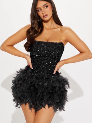 Zoey Feathered Sequin Mini Dress - Black