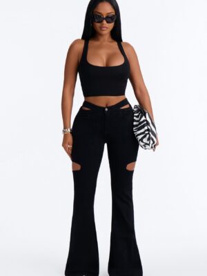 Eternal Nights Cut Out Stretch Flare Jeans - Black