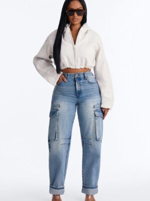 Gigi High Rise Tapered Cargo Jeans - Medium Wash