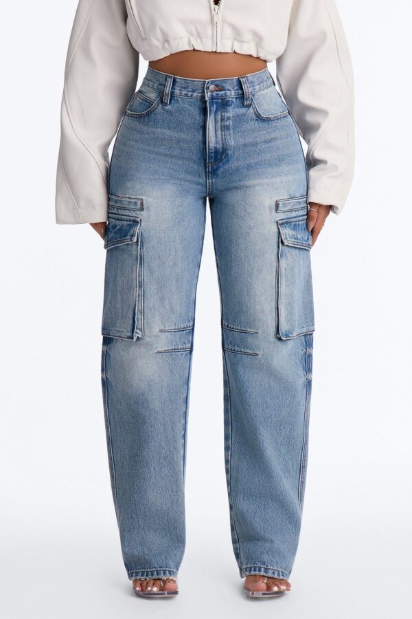 Gigi High Rise Tapered Cargo Jeans - Medium Wash