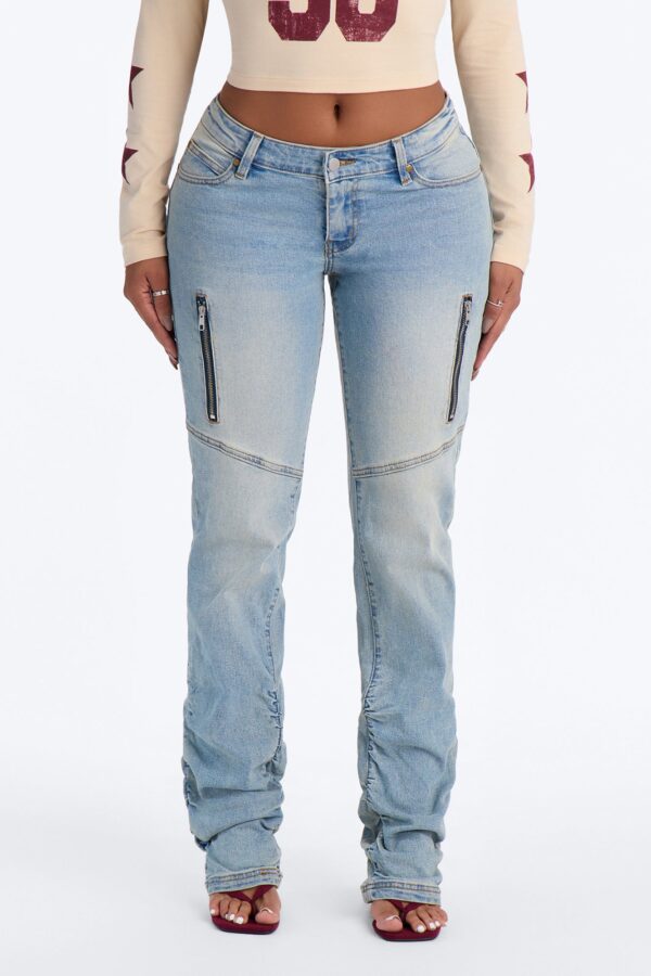 Bristol Back Dip Stretch Low Rise Moto Straight Leg Jeans - Light Wash