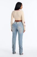 Bristol Back Dip Stretch Low Rise Moto Straight Leg Jeans - Light Wash