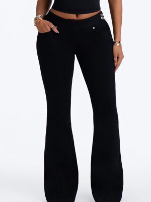Nights To Remember Low Rise Pintuck High Stretch Flare Jeans - Black