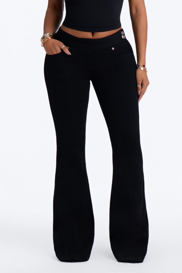 Nights To Remember Low Rise Pintuck High Stretch Flare Jeans - Black