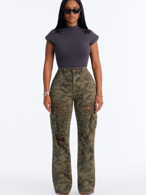 Knocked Down Camo Print Stretch Cargo Jeans - Camouflage