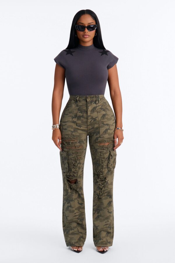 Knocked Down Camo Print Stretch Cargo Jeans - Camouflage