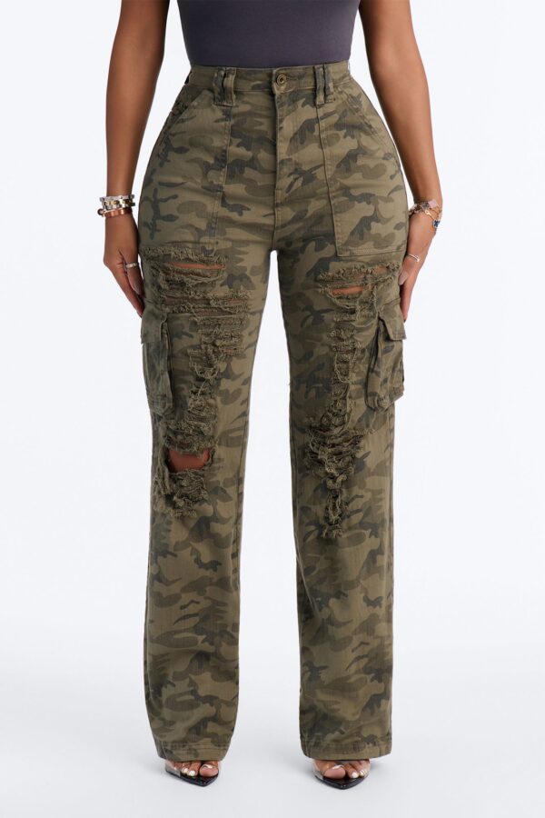 Knocked Down Camo Print Stretch Cargo Jeans - Camouflage