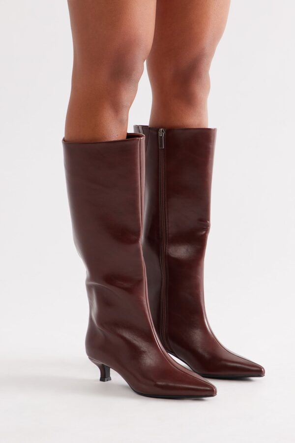 Dare Knee High Kitten Heel Boots - Brown