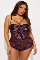 Sweet And Subtle Lace Open Cup Crotchless Teddy - Plum