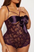 Sweet And Subtle Lace Open Cup Crotchless Teddy - Plum