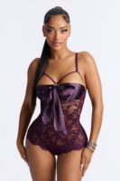 Sweet And Subtle Lace Open Cup Crotchless Teddy - Plum