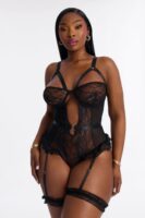 Eliza Mesh Lace Teddy With Garters - Black
