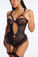 Eliza Mesh Lace Teddy With Garters - Black