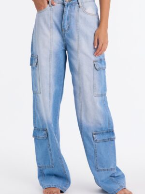 On The Move Cargo Wide Leg Jeans - Light Wash