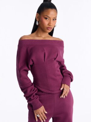 Daisia Off Shoulder Corset Fleece Pant Set - Plum