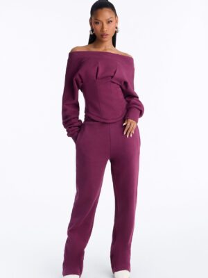 Daisia Off Shoulder Corset Fleece Pant Set - Plum