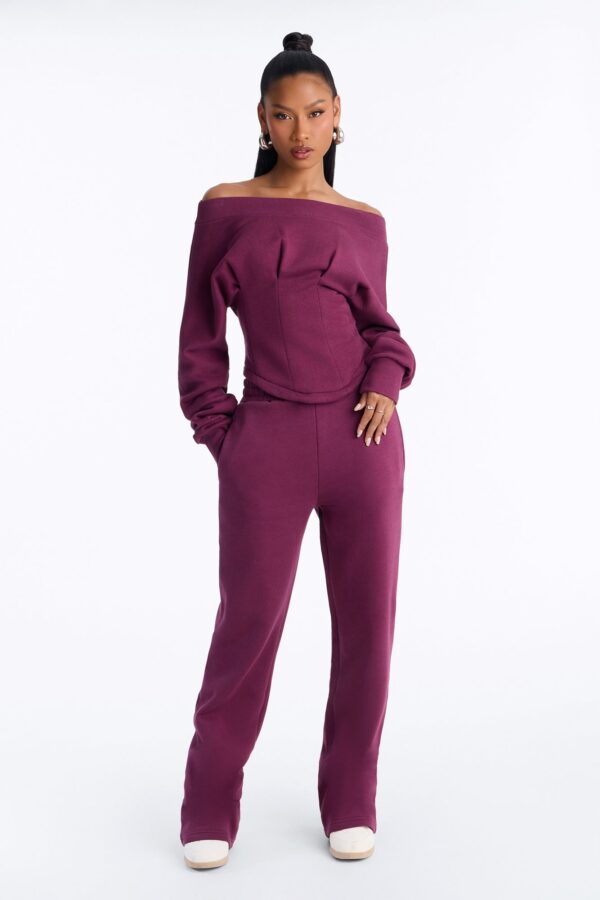 Daisia Off Shoulder Corset Fleece Pant Set - Plum