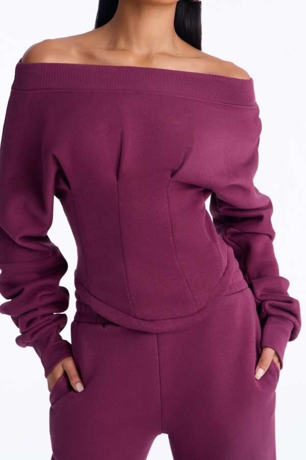 Daisia Off Shoulder Corset Fleece Pant Set - Plum