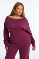 Daisia Off Shoulder Corset Fleece Pant Set - Plum