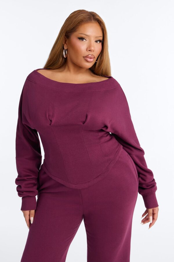 Daisia Off Shoulder Corset Fleece Pant Set - Plum