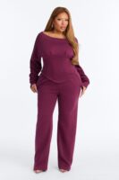 Daisia Off Shoulder Corset Fleece Pant Set - Plum