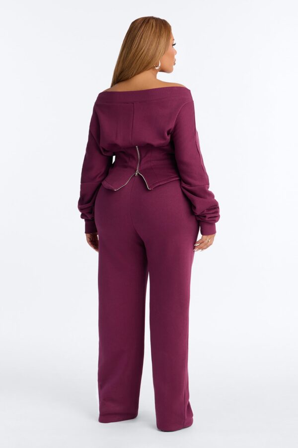 Daisia Off Shoulder Corset Fleece Pant Set - Plum