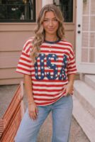 USA Star Patch Red White Stripe Tee