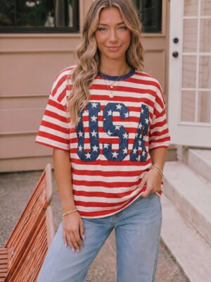 USA Star Patch Red White Stripe Tee