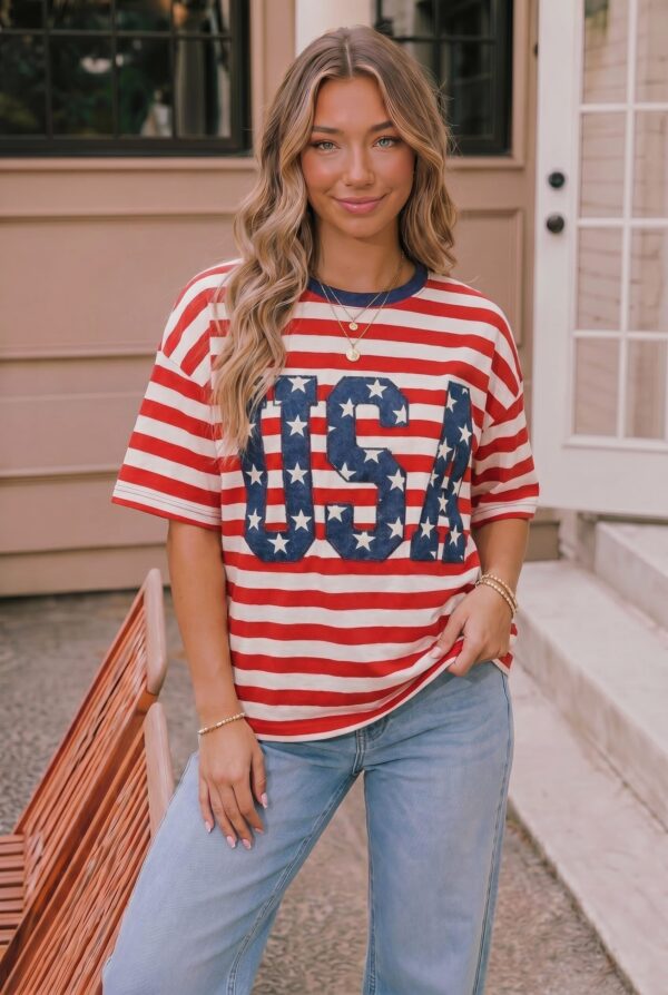 USA Star Patch Red White Stripe Tee