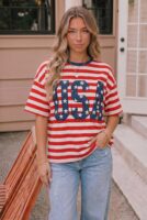 USA Star Patch Red White Stripe Tee