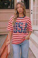 USA Star Patch Red White Stripe Tee