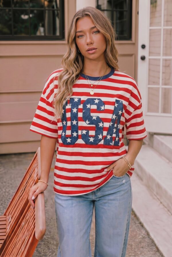 USA Star Patch Red White Stripe Tee