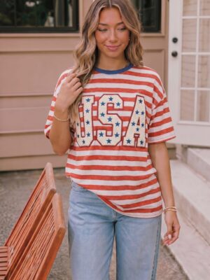 USA Chenille Patch Striped Graphic Tee