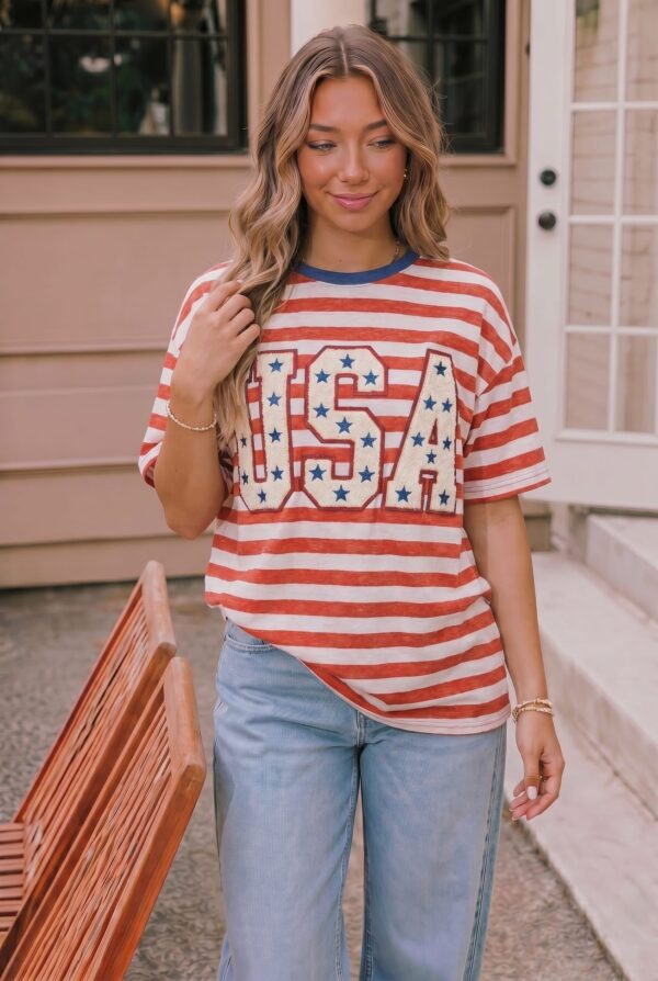 USA Chenille Patch Striped Graphic Tee