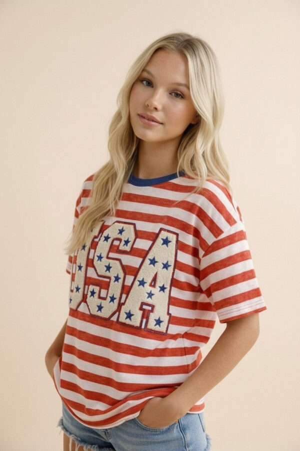 USA Chenille Patch Striped Graphic Tee
