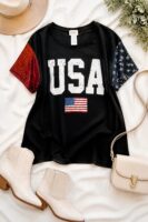 USA Flag Print Sequin Sleeve Graphic Tee (All Smalls)