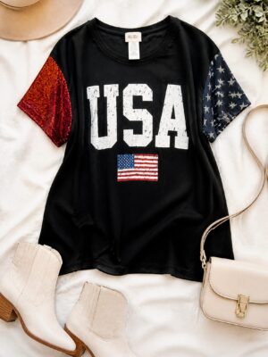 USA Flag Print Sequin Sleeve Graphic Tee (All Smalls)