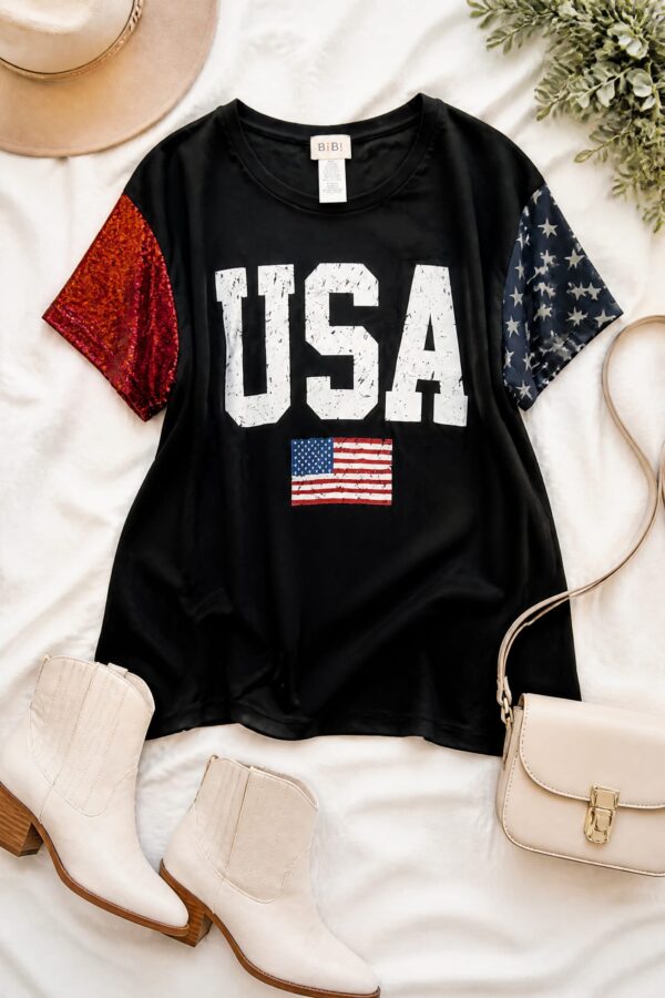 USA Flag Print Sequin Sleeve Graphic Tee (All Smalls)