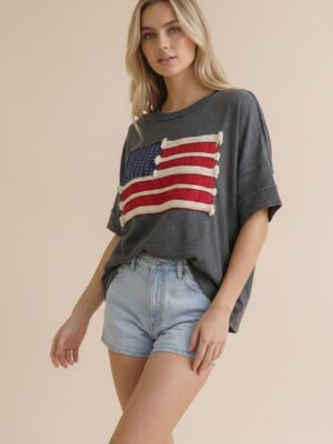 American Flag Patch Oversized Graphic Tee in Charcoal