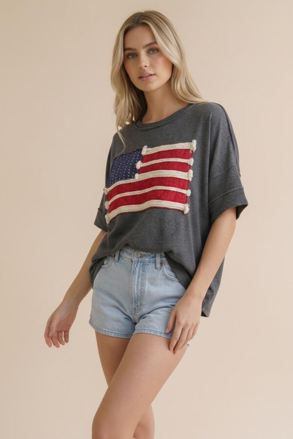 American Flag Patch Oversized Graphic Tee in Charcoal