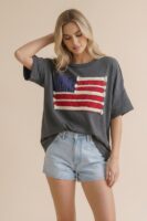 American Flag Patch Oversized Graphic Tee in Charcoal